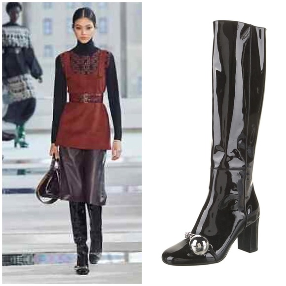 New Longchamp Ball & Chain Patent Leather Heeled Boots Designer Sz 36 - Picture 1 of 14